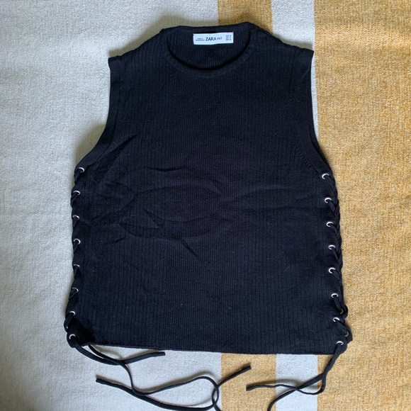 NWOT Zara Top Black Ribbed Knit Eyelets size M - Picture 6 of 7